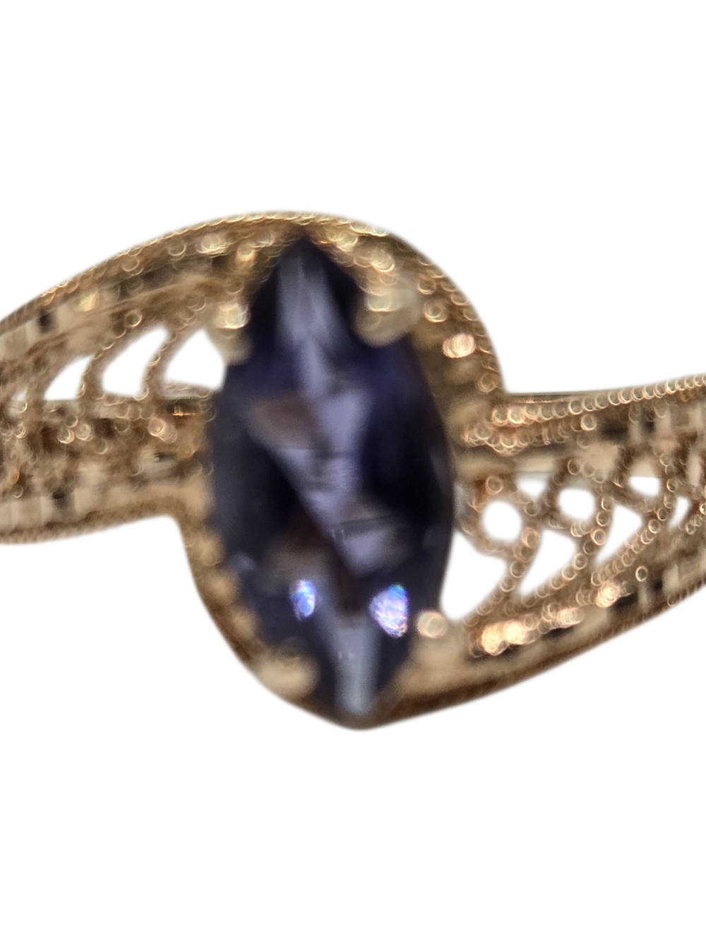 10K Solid Yelliw Gold Filigree Ring with Iolite Marquise Gemstone